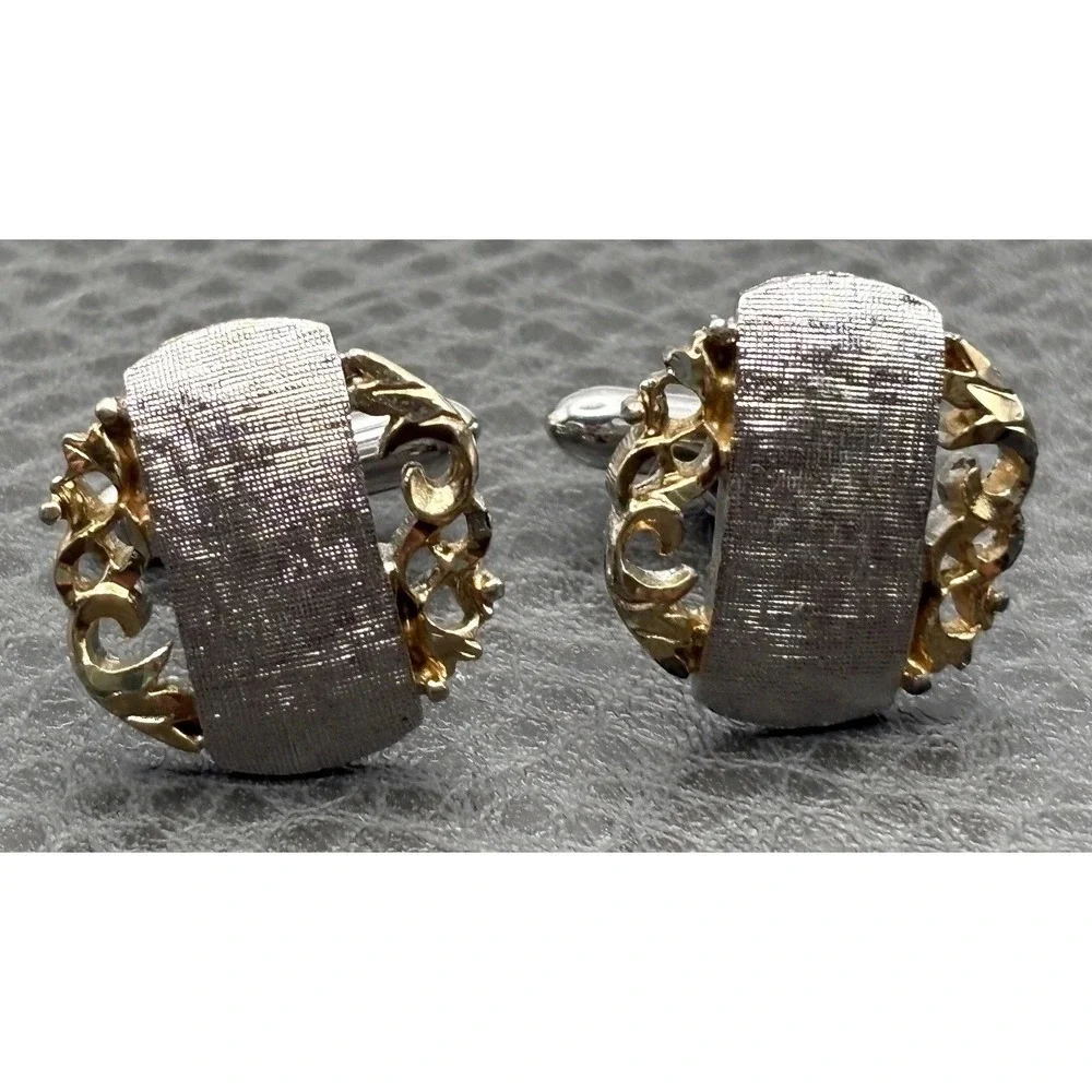 Vintage Swank Silver Tone & Gold Tone Ornate Cufflinks Decorative Scroll Design